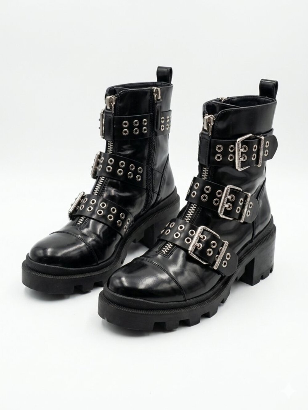 Alice + Olivia Black Hali Multi-Buckle Leather Platform Combat Boots - Sz 6/36